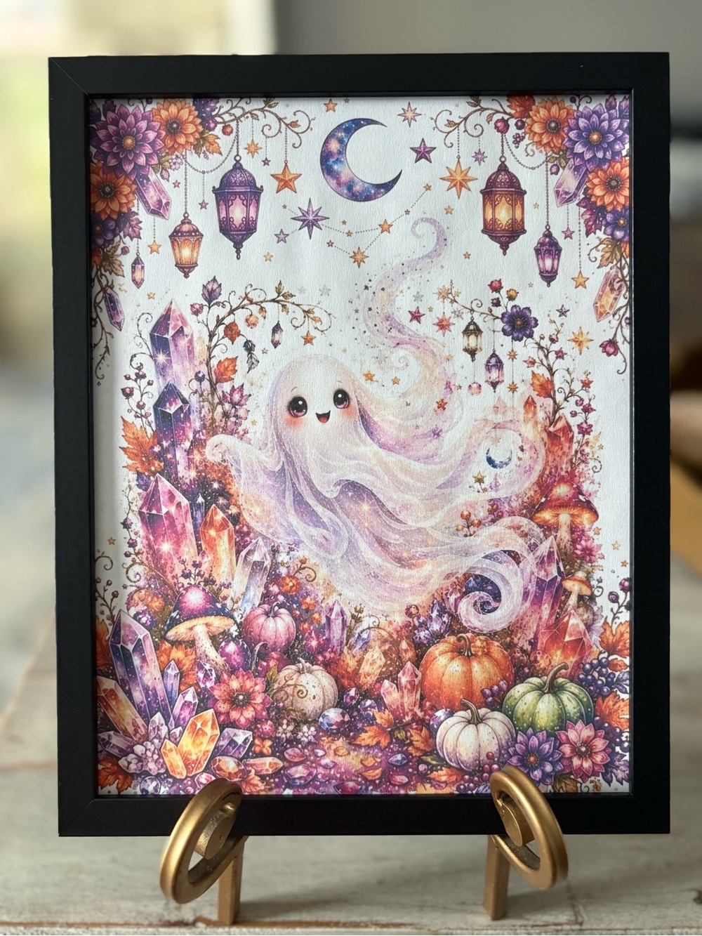 Whimsical Ghost & Crystals 8x10 Art Print - Purple & Orange Seasonal Wall Decor